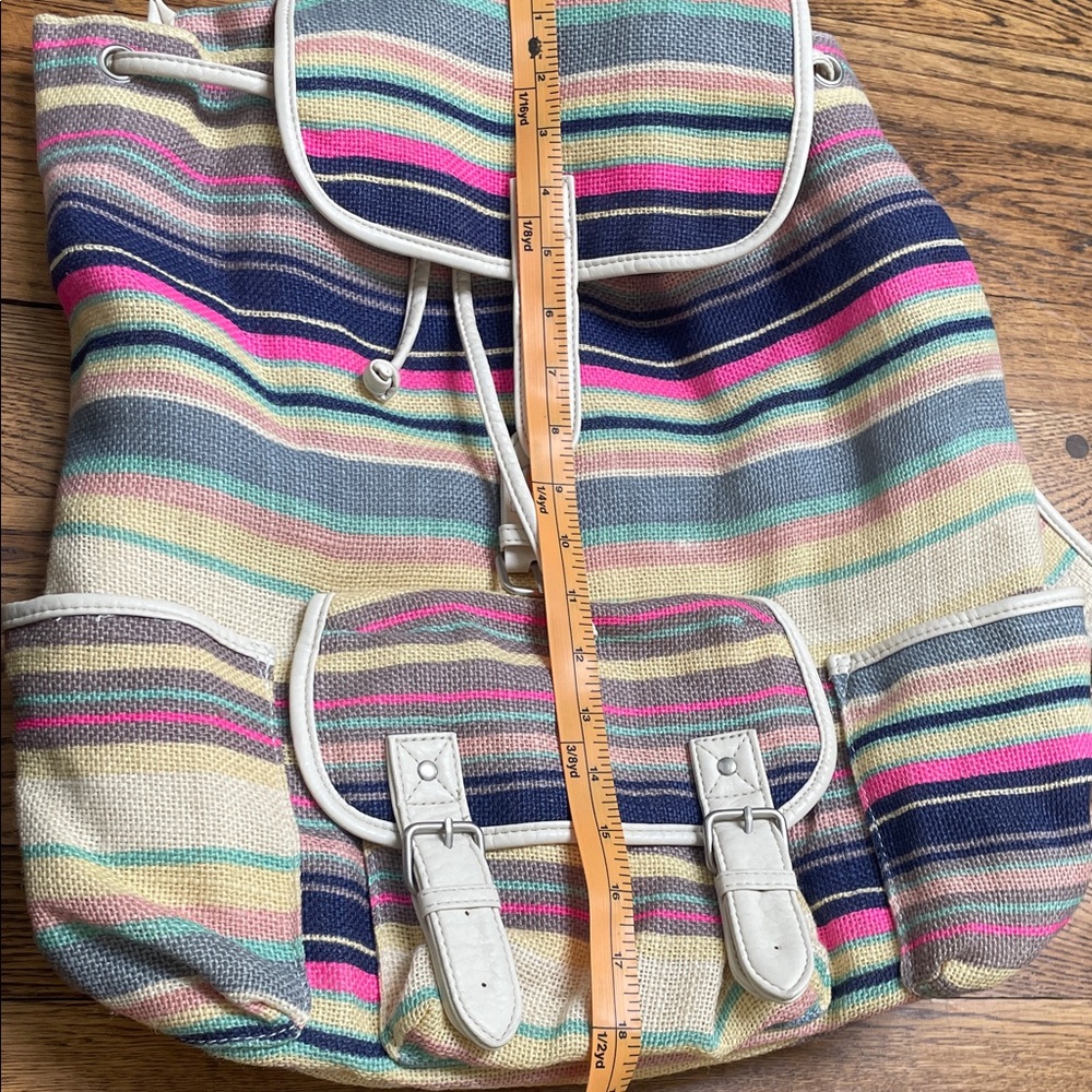 Aeropostale Colorful Striped Backpack with Cream/Beige faux leather trim